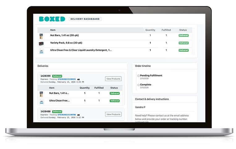 Delivery dashboard displaying a status of the order