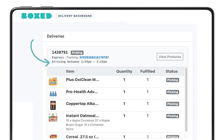 Delivery dashboard showing picking status