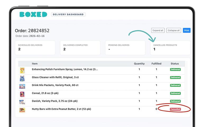 Delivery Dashboard showing Canceled item