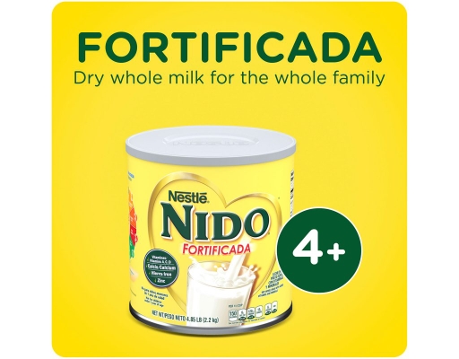 thumbnail image 2 of Nestle NIDO Fortificada Dry Whole Milk Powder – 4.85 Lbs Can, 9 Vitamins & Minerals, 150 Cal/Serving 2 of 5