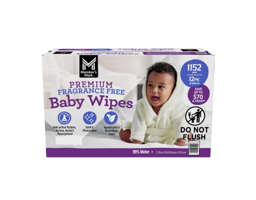 Member's Mark Premium Baby Wipes Fragrance Free 96 ct (12-pk)