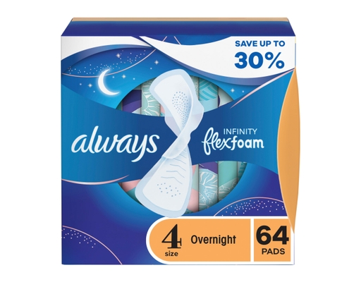 Always Infinity FlexFoam Pads Size 4 Overnight 64 ct
