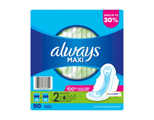 Always Maxi Pads Size 2 Long Super 90 ct