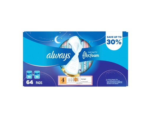 Always Infinity FlexFoam Pads Size 4 Overnight 64 ct