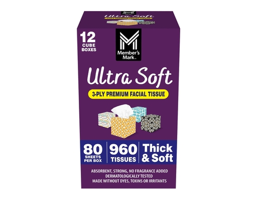 Member's Mark Ultra Soft 3-Ply Premium Facial Tissues 80 ct (12