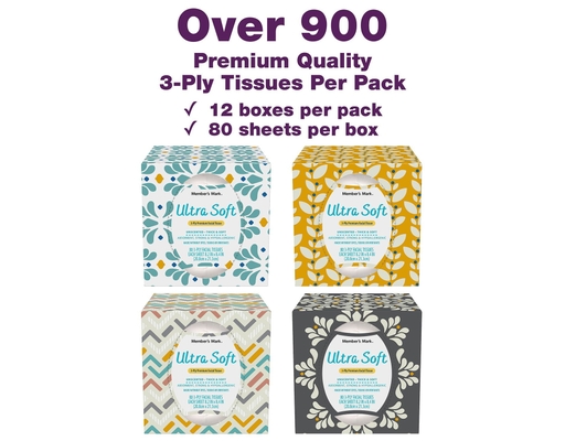 Member's Mark Ultra Soft 3-Ply Premium Facial Tissues 80 ct (12