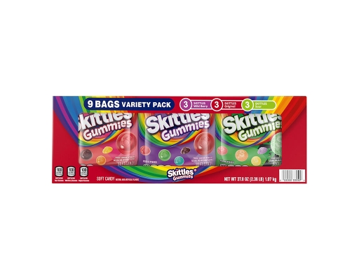 Skittles Gummies Gummy Candy Variety Pack, Bulk Box, 9 count.