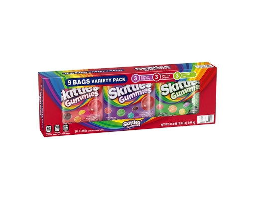 Skittles Gummies Gummy Candy Variety Pack, Bulk Box, 9 count.