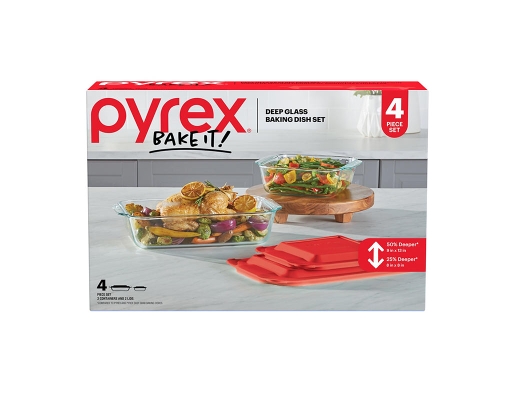 Pyrex Deep 4-Pc. Glass Baking Dish Set with Red Lids