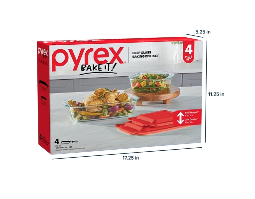 Pyrex Deep 4-Pc. Glass Baking Dish Set with Red Lids