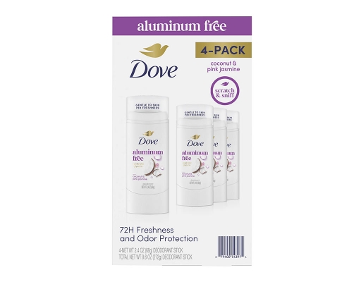 Aluminum Free Deodorant Stick, Coconut & Pink Jasmine, 4 pack, 2.4 oz. each Dove image 0