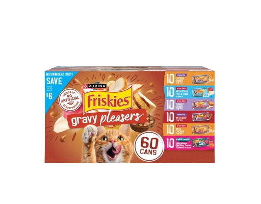 Purina Friskies Wet Cat Food Gravy Pleasers Variety Pack with Fully Load'd,  Meaty Bits, and Prime Filets, 60 count., 5.5 oz. Cans