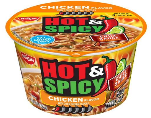 Hot & Spicy Ramen Noodle Soup Bowls, Chicken, 3.32 oz (12-pk) Nissin