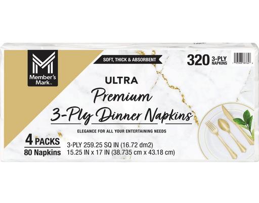 Ultra Premium 3-Ply White Dinner Napkins, 4 pack, 80 napkins/pack Member's Mark