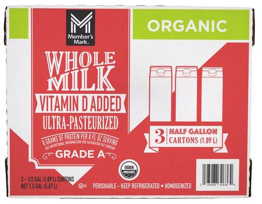 Organic Whole Milk 1/2 gal., 3 count Member's Mark