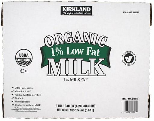 Organic 1% Low Fat Milk , 64 fl oz, 3-count Kirkland Signature