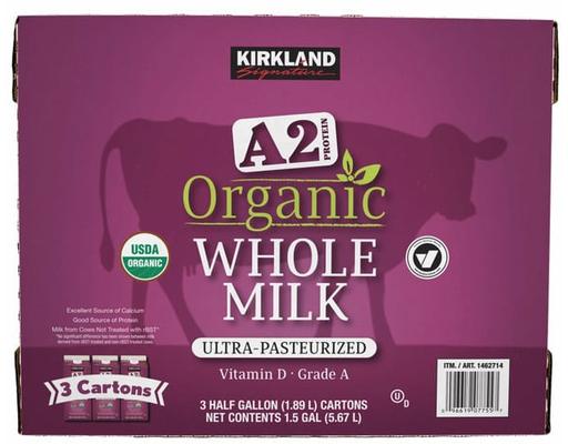 Organic A2 Whole Milk, 0.5 gal, 3-count Kirkland Signature