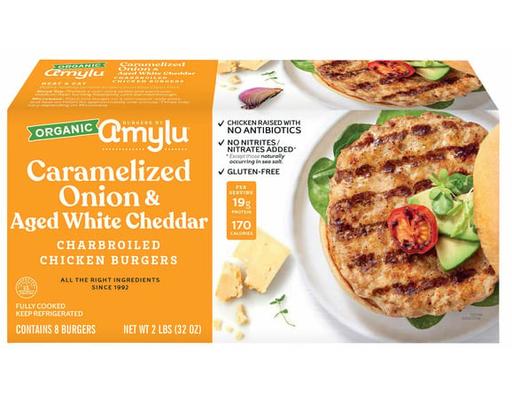 Organic Chicken Burger with Caramelized Onion and Aged White Cheddar, 32 oz, 8-count Amylu