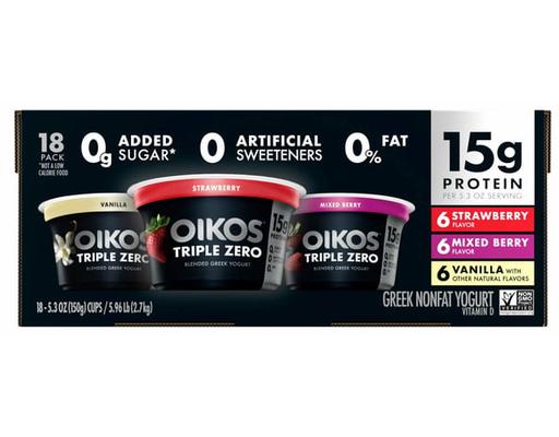 Greek Nonfat Yogurt, Variety Pack, 5.3 oz, 18-count Oikos Triple Zero