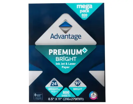 Premium Bright Ink Jet and Laser Paper, 8.5"x11" Letter, White, 24lb, 97 Bright, 1 Ream, 800-sheets Advantage