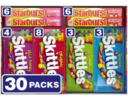 Full Size Assorted Candy, Variety Pack, 30 ct Skittles & Starburst