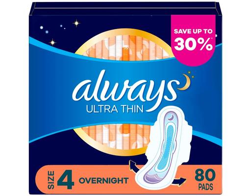 Ultra Thin Flexi-Wings Pads, Size 4 Overnight, 80 ct Always