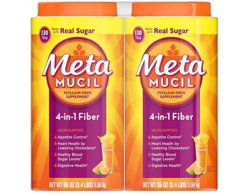 4-in-1 Psyllium Fiber with Real Sugar Supplement Powder, Orange, 55 oz (2-pk) Metamucil