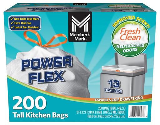 Power Flex 13 Gallon Tall Kitchen Bags, Fresh Clean, 200 ct Member's Mark