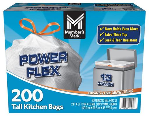Power Flex 13 Gallon Tall Kitchen Bags, 200 ct Member's Mark