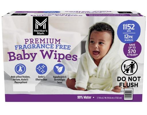 Premium Baby Wipes, Fragrance Free, 96 ct (12-pk) Member's Mark
