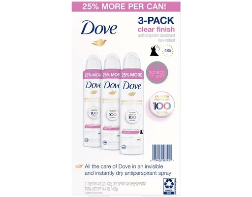 Advanced Care Antiperspirant Deodorant Dry Spray, Clear Finish, 4.8 oz (3-pk) Dove