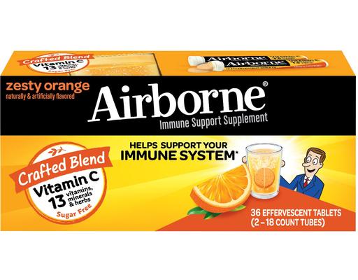 Immune Support Supplement Effervescent Tablets, Zesty Orange, 18 ct (2-pk) Airborne