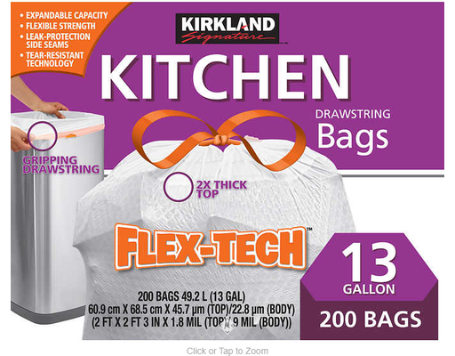 Flex-Tech 13 Gallon Trash Bags, Kitchen, 200 ct Kirkland Signature
