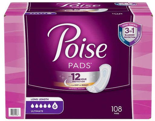 Ultimate Absorbency Incontinence Pads, Size 6 Long, 108 ct Poise
