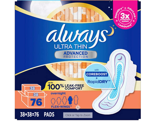 Ultra Thin Advanced Pads, Overnight, 76 ct Always
