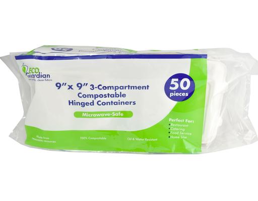 9'' x 9'' 3-Compartment Compostable Hinged Containers, 50 count Eco Guardian