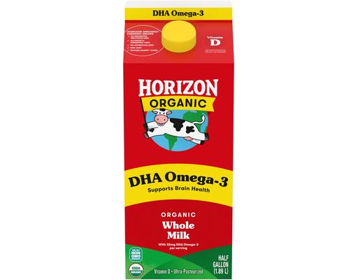 DHA Omega-3 Milk, DHA Whole Milk, Half Gallon Carton, 64 fl. oz. Horizon Organic