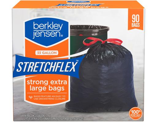 Stretchflex 33 Gallon Strong Extra Large Drawstring Bags, 90 ct Berkley Jensen