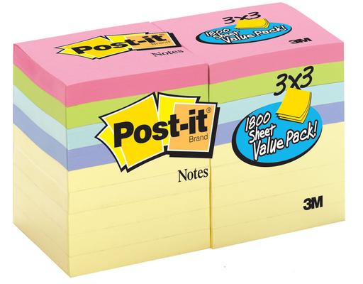 3'' x 3'' Notes Pads, Pastel, 100 ct (18-pk) Post-It