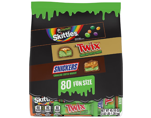 Skittles Shriekers, Snickers & Twix Ghoulish Green Halloween Candy Bag, 80 ct Mars