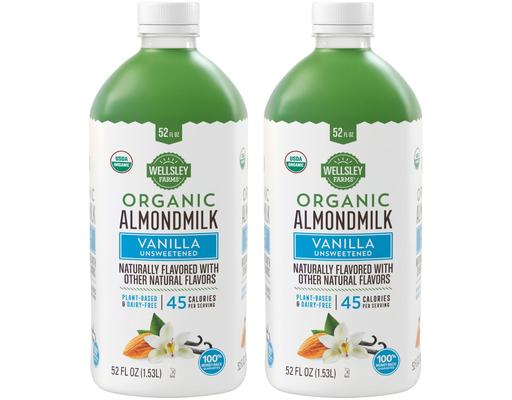 USDA Organic Unsweetened Vanilla Almond Milk, 52 oz., 2 pack Wellsley Farms