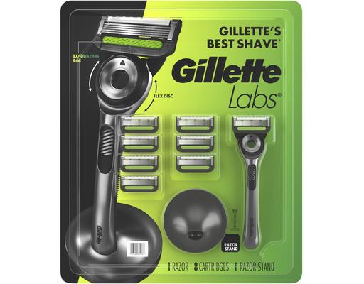 Labs with Exfoliating Bar Shaving Razor for Men, 1 Handle, 8 Razor Blade Refills, Magnetic Stand Gillette