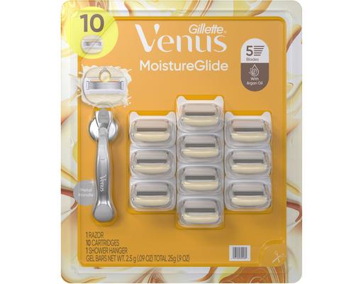 Moistureglide Women's Razor, 5-Blades, 1 Handle + 10 Razor Blade Refills + Shower Holder Venus