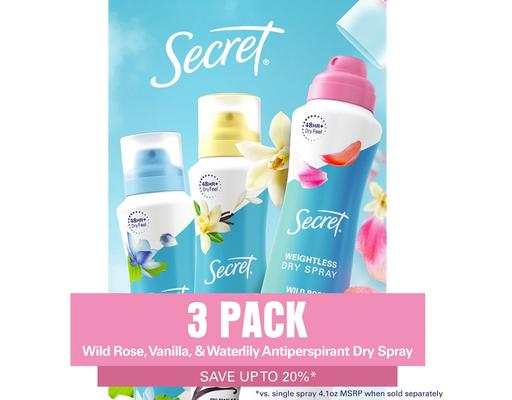 Dry Spray Women's Antiperspirant Deodorant, Vanilla, Wild Rose & Waterlily, 4.1 oz., 3 pack Secret