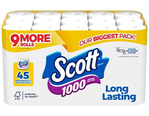 1000 1-Ply Toilet Paper 45 rolls, 1,000 sheets/roll Scott