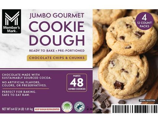 Jumbo Gourmet Chocolate Chip and Chunk Cookie Dough, 16 oz., 4 pack Member's Mark