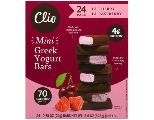 Greek Cherry Raspberry Yogurt Bars, Mini Bars Pack, 0.78 oz., 24 pack Clio