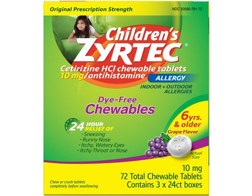 Dye-Free Chewable Tablets, Cetirizine, Dye-Free, Grape, 72 count Zyrtec