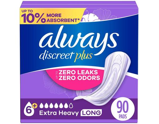 Discreet plus Incontinence Pads for Women, Extra Heavy Long, 90 count Always