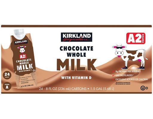 A2 Chocolate Whole Milk, 24 count, 8 ounce Kirkland Signature